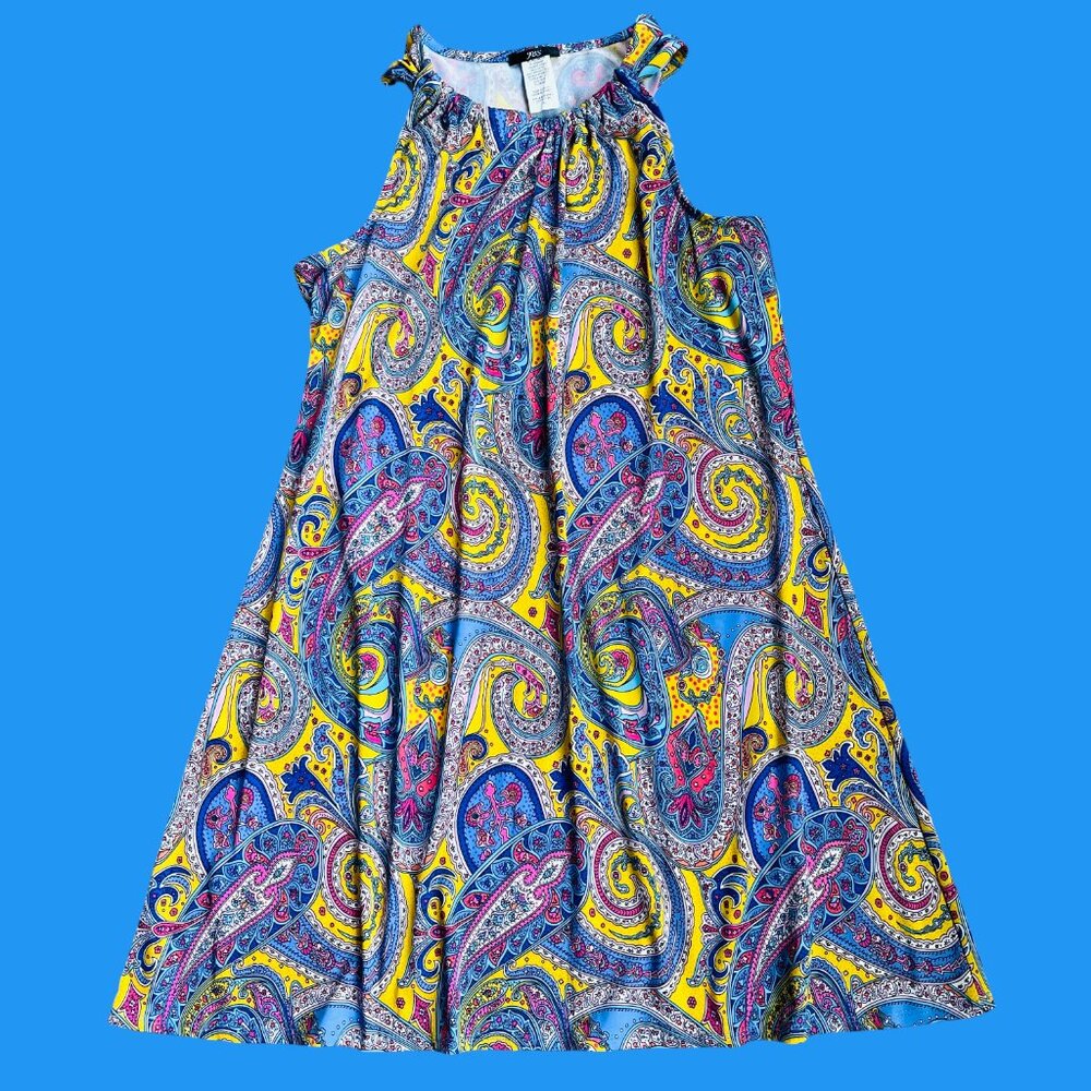 Women’s Paisley Dress X blue sleeveless sundress stretch, Boho Chic knee length